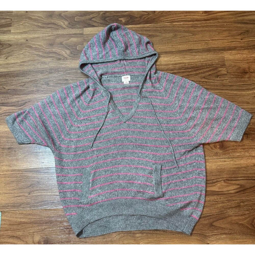 Mossimo V Neck Short Sleeve Hoodie Pullover Women's XL Striped Gray Pink Acrylic